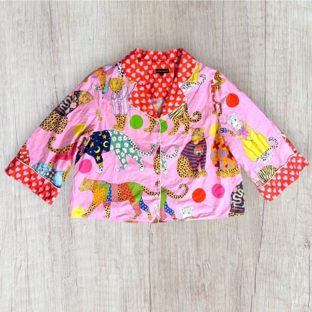 KAREN MABON Anthropologie Pink Heart Leopard Pajama Shirt Top Cotton Women's L
